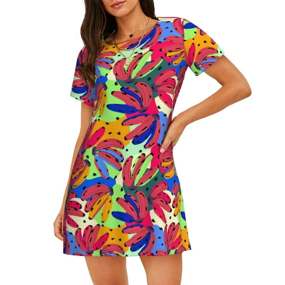 Pofeuu Colorful Bananas Print Women's Loose Fit Short Sleeve Nightgown, Comfortable Sleep Dress for Women, Casual Lounge Sleepwear, Soft Cotton Sleep Dress