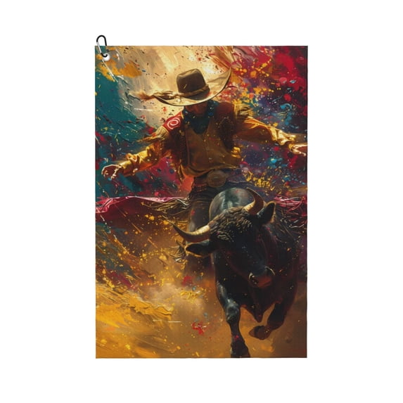 Pofeuu Colorful Bull Western Man Print Premium Golf Towel with Carabiner Clip Absorbent Microfiber Waffle Pattern Golf Towel for Golf Bag Trolly Belt Loop