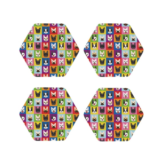 Pofeuu Colorful Bulldog Print Coasters for Drinks, 4Pack PU Leather Coasters, Bar Drink Coasters for Tabletop Protection, Furniture from Damage-Hexagon