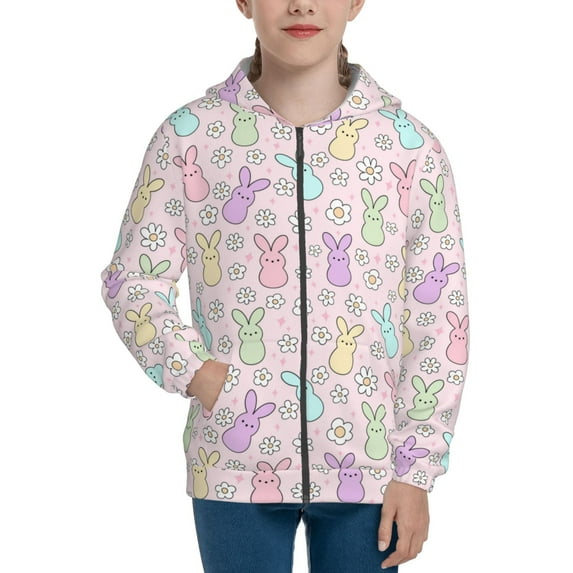 Pofeuu Colorful Bunny Print Teenage Zipper Hoodie Sweatshirts Hooded Casual Jackets With Pocket For Boys Girls-Medium