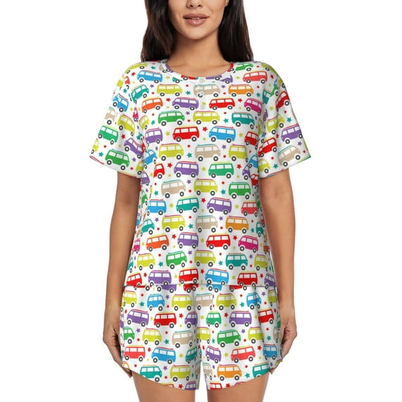 Pofeuu Colorful Bus Print Women's Pajama Set Short/Shorts Soft Button PJs Elastic Drawstring Waist Sleepwear-3X-Large
