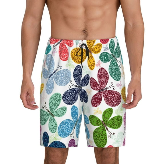 Pofeuu Colorful Butterflies Print Men's Soft Woven Elastic Waistband Sleep Pajama Short-Medium