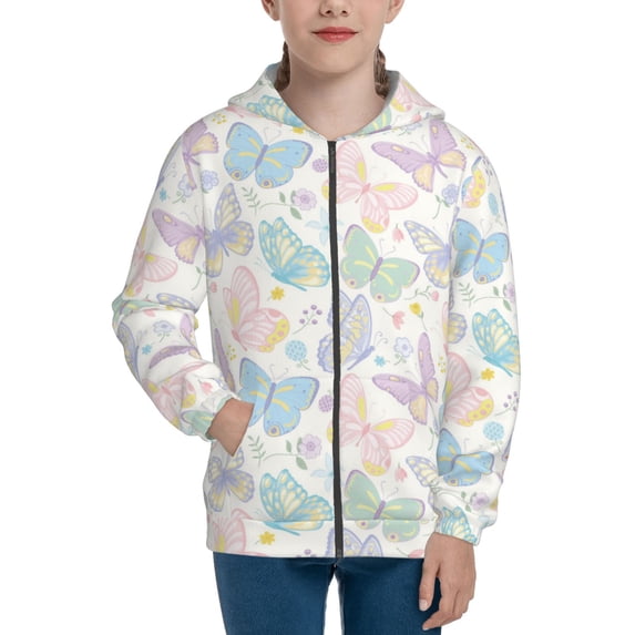 Pofeuu Colorful Butterfly Print Teenage Zipper Hoodie Sweatshirts Hooded Casual Jackets With Pocket For Boys Girls-Medium