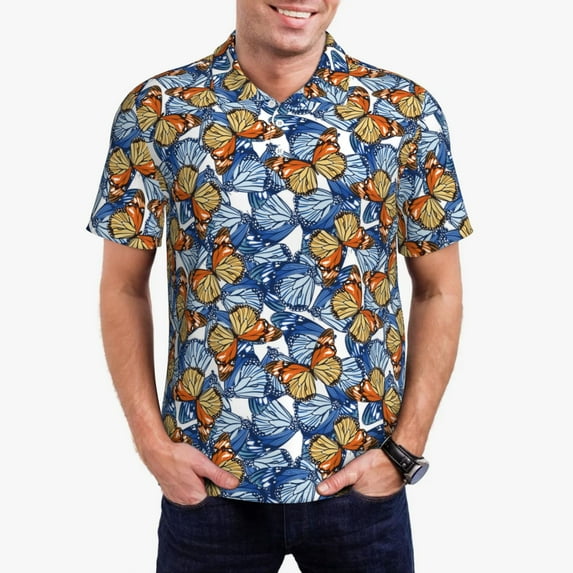 Pofeuu Colorful Butterfly1 Print Men's Loose Fit Midweight Short-Sleeve Pocket Polo-XX-Large