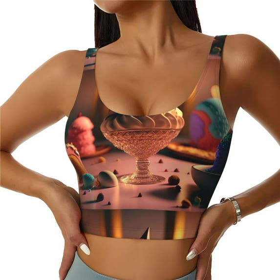 Pofeuu Colorful Cake Ice Cream Print Sports Bra for Women Sexy Vest Yoga Running Gym Fitness Crop Bras Tops-XX-Large