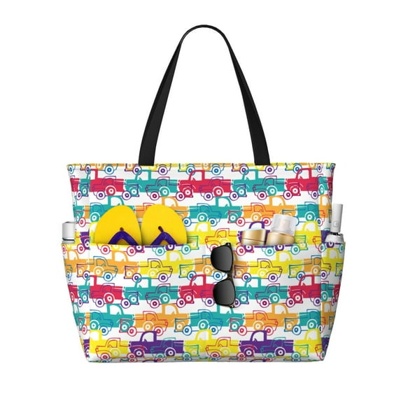 Pofeuu Colorful Car Print Beach Bag,Waterproof Sandproof Beach Tote Bag, Large Capacity Foldable Beach Bags for Women