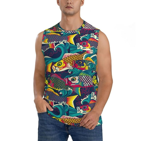 Pofeuu Colorful Carp Streamer Print Men's Muscle T-Shirt, Sleeveless, Muscle Tank, Classic Muscle Tee Top For Men Casual Sleeveless Muscle T-Shirt Trendy Clothes-XX-Large