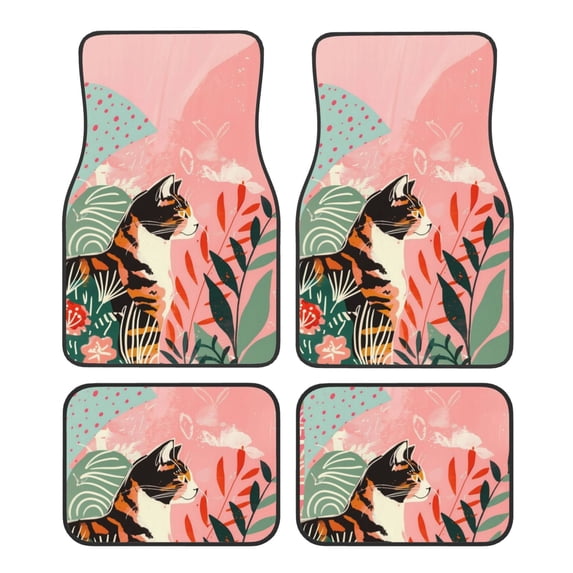 Pofeuu Colorful Cat With Flowers Print Car Foot Mat Set of 4 Pieces - All-Weather Full Set Floor Mats for Cars Trucks SUVs