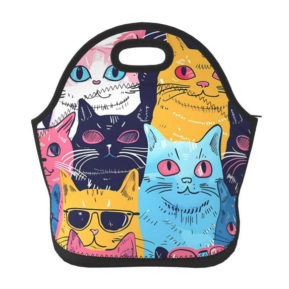 Pofeuu Colorful Cats Pattern Art Print Neoprene Lunch box Insulated Soft Bag Mini Cooler Thermal Meal Tote Kit for Boys, Girls,Men,Women,School,Work, Office,Black