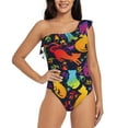 thumbnail image 1 of Pofeuu Colorful Cats Print Women's One Piece Swimsuits One Shoulder Swimwear Asymmetric Ruffle Monokinis Bathing Suits-Large, 1 of 6