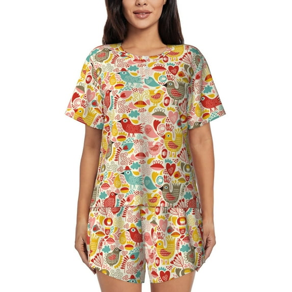 Pofeuu Colorful Chicken Print Women's Pajama Set Short/Shorts Soft Button PJs Elastic Drawstring Waist Sleepwear-XX-Large