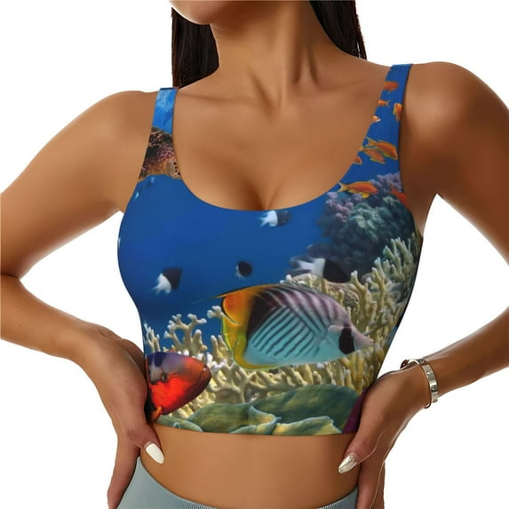 Pofeuu Colorful Coral Reef Print Sports Bra for Women Sexy Vest Yoga Running Gym Fitness Crop Bras Tops-Large