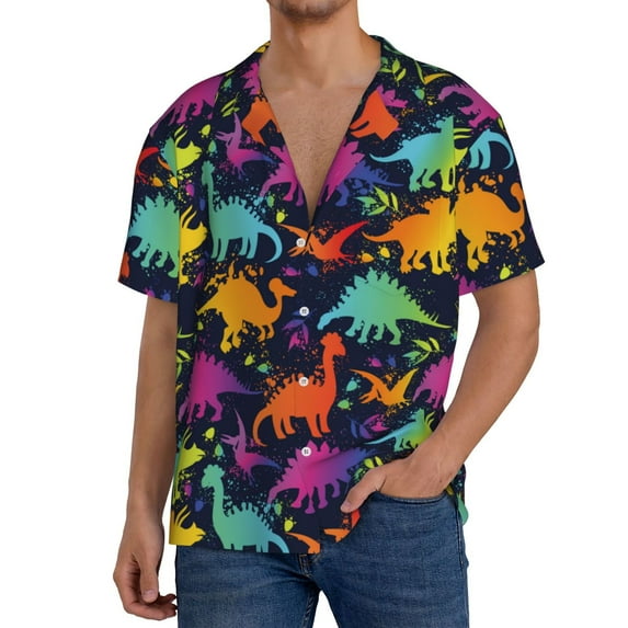 Pofeuu Colorful Dinosaur Print Mens Casual Short Sleeve Shirts Beach Summer Spread Collar Pocket Tops Men's Casual Short-sleeved Shirt-Medium