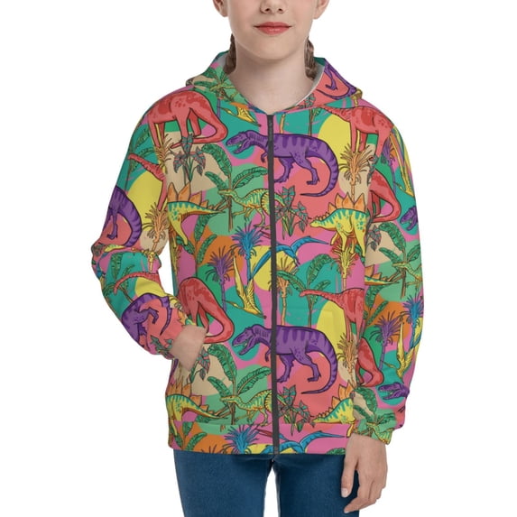 Pofeuu Colorful Dinosaur Print Teenage Zipper Hoodie Sweatshirts Hooded Casual Jackets With Pocket For Boys Girls-Small