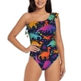 thumbnail image 1 of Pofeuu Colorful Dinosaur Print Women's One Piece Swimsuits One Shoulder Swimwear Asymmetric Ruffle Monokinis Bathing Suits-Small, 1 of 6