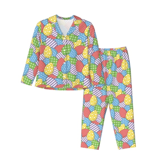 Pofeuu Colorful Easter eggs Print Womens Pajamas Set Long Sleeve Sleepwear Button Down Nightwear Soft Pj Lounge Sets Button Down Pajamas Women-Small