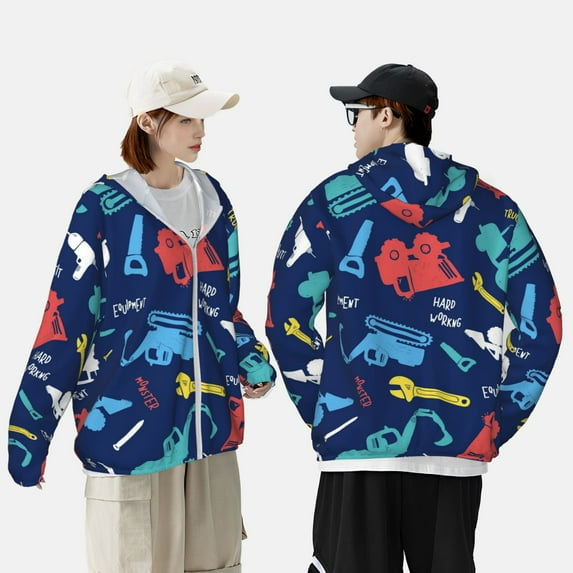 Pofeuu Colorful Excavator Print Sun Protection Outdoor Lightweight Full Zip UV Cooling Hoodie Long Sleeve Summer Clothing for Outdoor Hiking-3X-Large