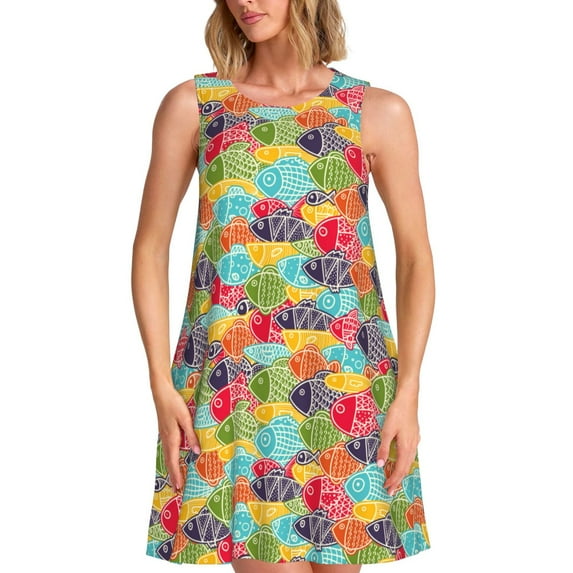 Pofeuu Colorful Fish 2 Print Women's Sleeveless Dress, Loose Fit Summer Dress, Casual Tank Dress for Women