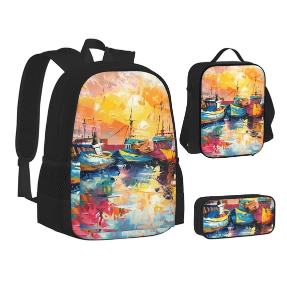 Pofeuu Colorful Fishing Boats Print Backpack Travel Backpacks With Lunch Bag Pencil Bag Set 3 pcs Set Cartoon Backpack