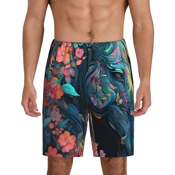 Pofeuu Colorful Floral Patterned Horse Print Men's Soft Woven Elastic Waistband Sleep Pajama Short-Medium