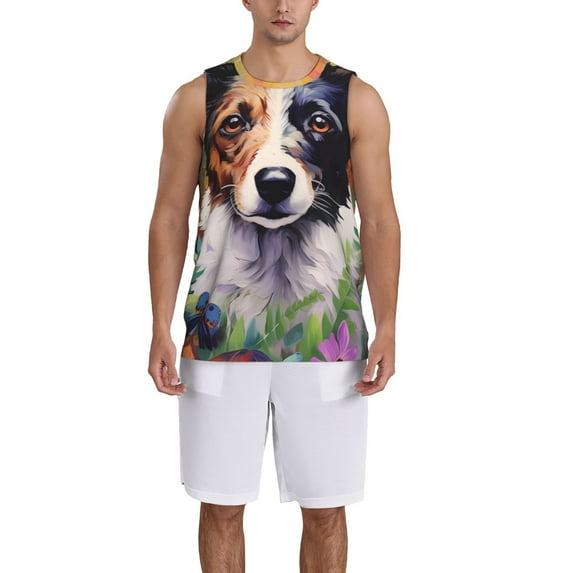 Pofeuu Colorful Flower Dog Print Basketball Jersey, Shirts for Men Youth Basketball Jersey Crew Neck-X-Large
