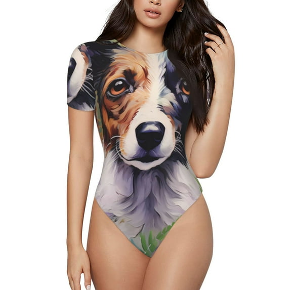 Pofeuu Colorful Flower Dog Print Short Sleeve Body Suits Women Round Neck Bodysuits for Women Onesie Adult Set Body Suit-Large