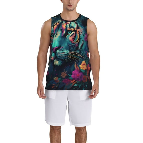 Pofeuu Colorful Flower Tiger Print Basketball Jersey, Shirts for Men Youth Basketball Jersey Crew Neck-Small