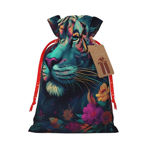Pofeuu Colorful Flower Tiger Print Burlap Bags with Drawstrings Drawstring Gift Bags Pouch Bag for Thankgiving Birthday Party Gift Wrapping Treats and Party Favors-Medium