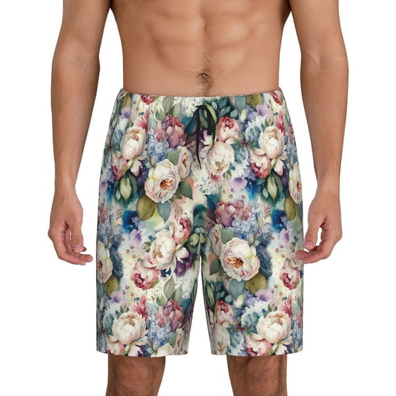 Pofeuu Colorful Flowers Print Men's Soft Woven Elastic Waistband Sleep Pajama Short-Small