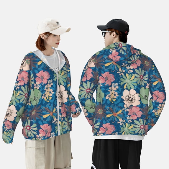 Pofeuu Colorful Flowers Print Sun Protection Outdoor Lightweight Full Zip UV Cooling Hoodie Long Sleeve Summer Clothing for Outdoor Hiking-X-Large