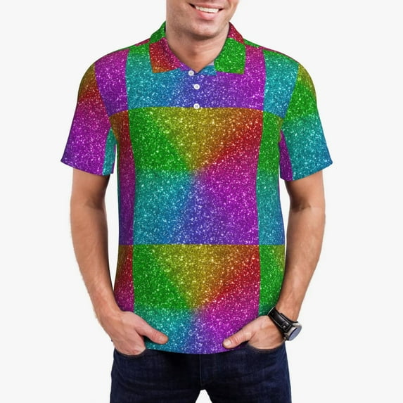Pofeuu Colorful Glitter Print Men's Loose Fit Midweight Short-Sleeve Pocket Polo-Medium
