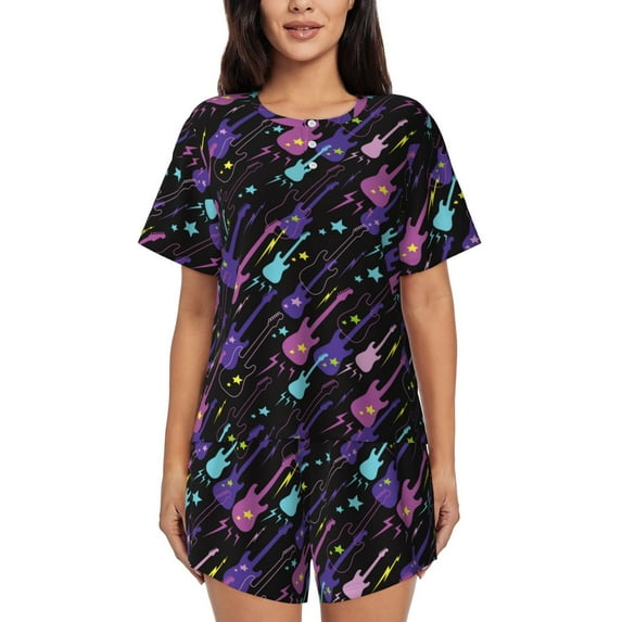 Pofeuu Colorful Guitar Print Women's Pajama Set Short/Shorts Soft Button PJs Elastic Drawstring Waist Sleepwear-Medium