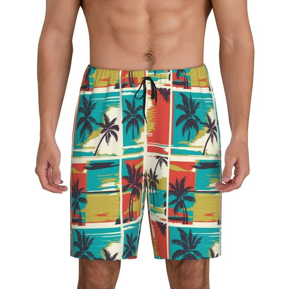 Pofeuu Colorful Hawaii Palms Print Men's Soft Woven Elastic Waistband Sleep Pajama Short-3X-Large