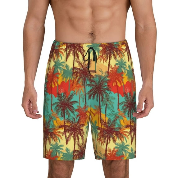 Pofeuu Colorful Hawaii Palms Print Men's Soft Woven Elastic Waistband Sleep Pajama Short-XX-Large