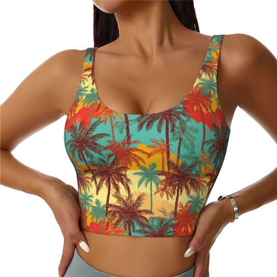 Pofeuu Colorful Hawaii Palms Print Sports Bra for Women Sexy Vest Yoga Running Gym Fitness Crop Bras Tops-X-Large