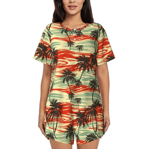 Pofeuu Colorful Hawaii Palms Print Women's Pajama Set Short/Shorts Soft Button PJs Elastic Drawstring Waist Sleepwear-4X-Large