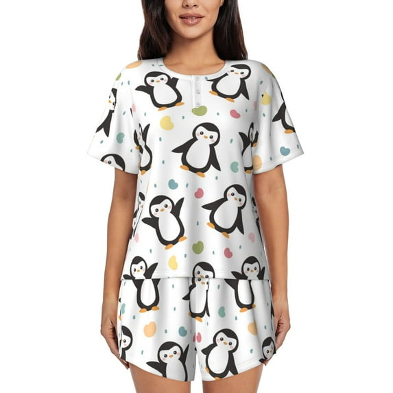 Pofeuu Colorful Hearts Penguin Print Women's Pajama Set Short/Shorts Soft Button PJs Elastic Drawstring Waist Sleepwear-Large