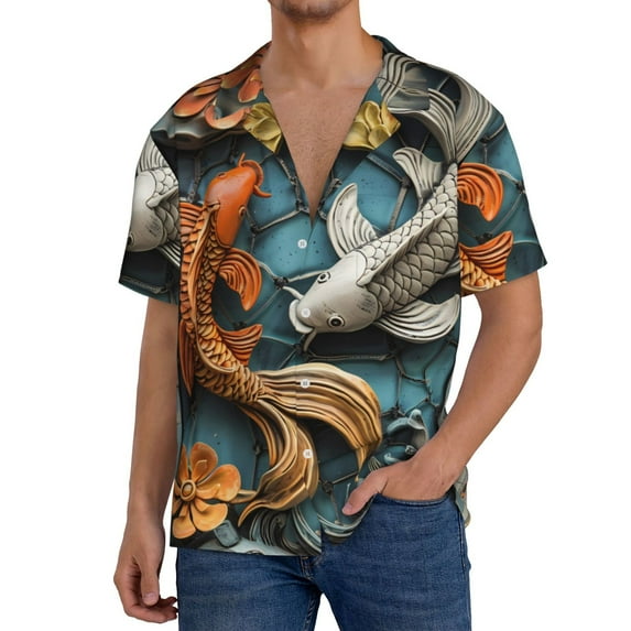 Pofeuu Colorful Koi Fish Art Print Mens Casual Short Sleeve Shirts Beach Summer Spread Collar Pocket Tops Men's Casual Short-sleeved Shirt-Large