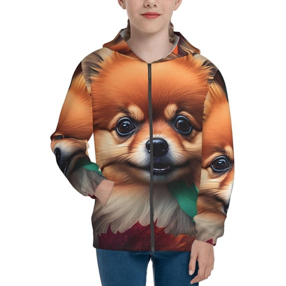 Pofeuu Colorful Leaf Chihuahua Print Teenage Zipper Hoodie Sweatshirts Hooded Casual Jackets With Pocket For Boys Girls-Small