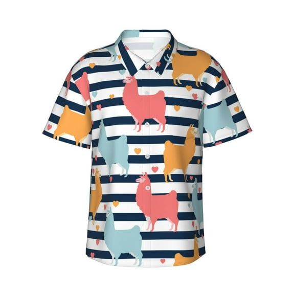 Pofeuu Colorful Llama Print Hawaiian Shirt for Men Sleeves Casual Button Down Summer Beach Dress Shirts T-Shirts,X-Large