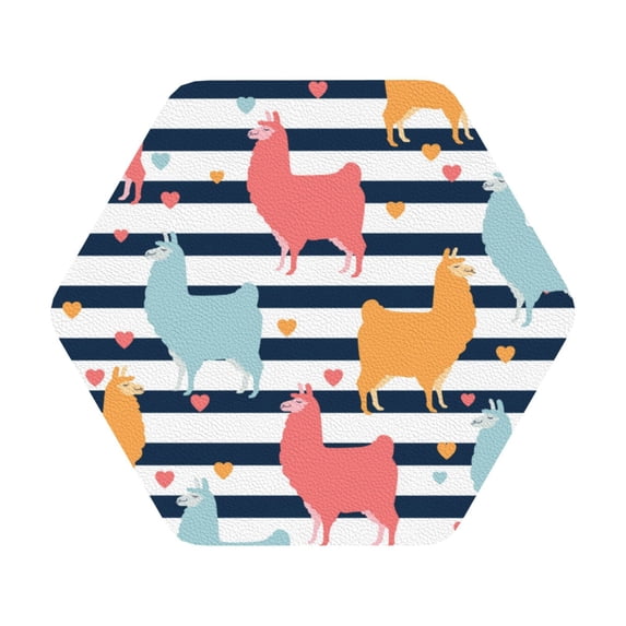 Pofeuu Colorful Llama Print Leather Coasters Set of 6, Round Cups Mugs Mat Pad for Home Kitchen Heat Resistant Drink Coasters,Hexagon