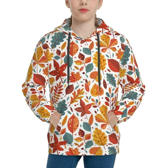 Pofeuu Colorful Maple Leaves Print Kids Pullover Hoodies Warm Thick Hooded Sweatshirt with Packet for Boys Girls-X-Large