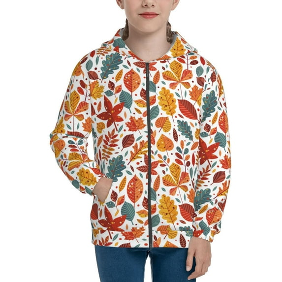 Pofeuu Colorful Maple Leaves Print Teenage Zipper Hoodie Sweatshirts Hooded Casual Jackets With Pocket For Boys Girls-Small