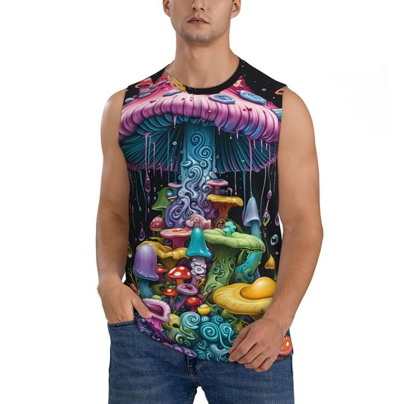 Pofeuu Colorful Mushroom Print Men's Muscle T-Shirt, Sleeveless, Muscle Tank, Classic Muscle Tee Top For Men Casual Sleeveless Muscle T-Shirt Trendy Clothes-3X-Large