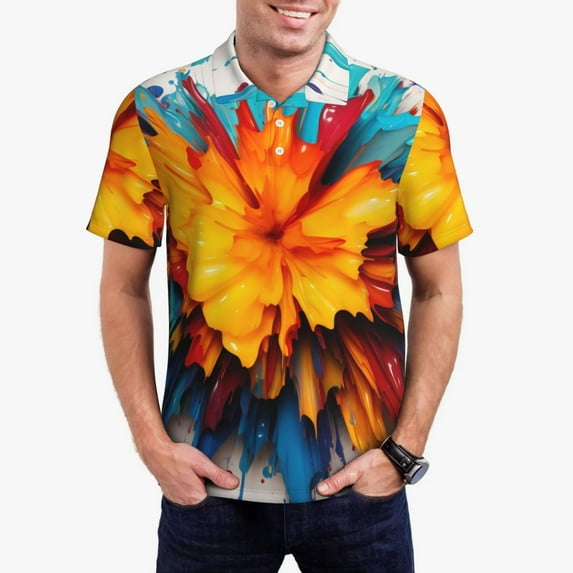 Pofeuu Colorful Paint Print Print Men's Loose Fit Midweight Short-Sleeve Pocket Polo-Small