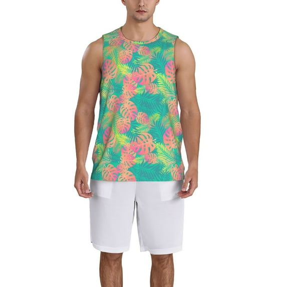 Pofeuu Colorful Palm Leaves Print Basketball Jersey, Shirts for Men Youth Basketball Jersey Crew Neck-Large