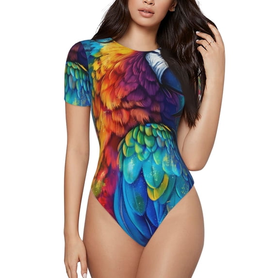 Pofeuu Colorful Parrot Jungle Dream Print Short Sleeve Body Suits Women Round Neck Bodysuits for Women Onesie Adult Set Body Suit-XX-Large