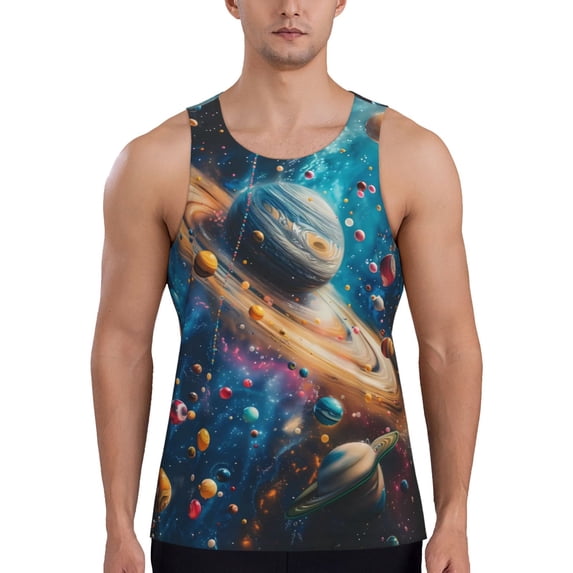 Pofeuu Colorful Planet Universe Print Men's Workout Tank Tops Sleeveless Muscle Gym Shirt Quick Dry-3X-Large