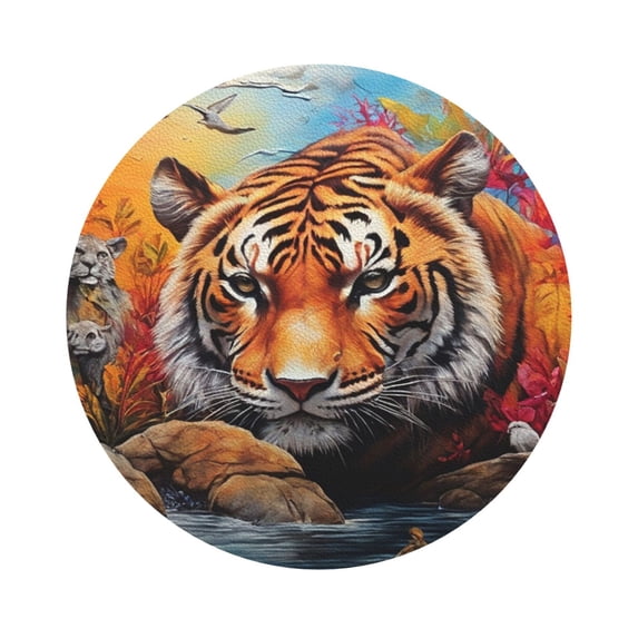 Pofeuu Colorful Plant Tiger Print Leather Coasters Set of 6, Round Cups Mugs Mat Pad for Home Kitchen Heat Resistant Drink Coasters,Round Shape