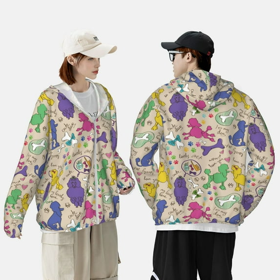 Pofeuu Colorful Poodle Dog Print Sun Protection Outdoor Lightweight Full Zip UV Cooling Hoodie Long Sleeve Summer Clothing for Outdoor Hiking-Large